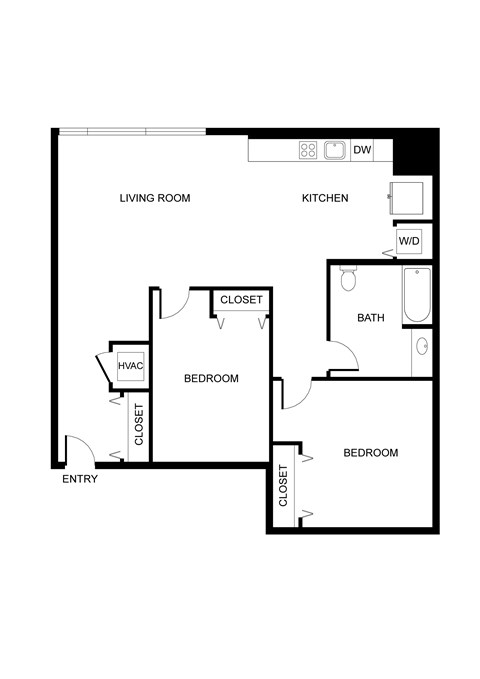 Floor plan for 2 beds, 1 bath, 1050 sqft